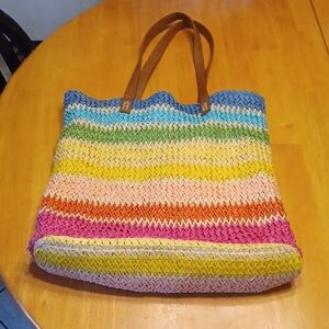 Multicolor Striped Straw Paper Crochet Tote Bag with Brown Strap Handles